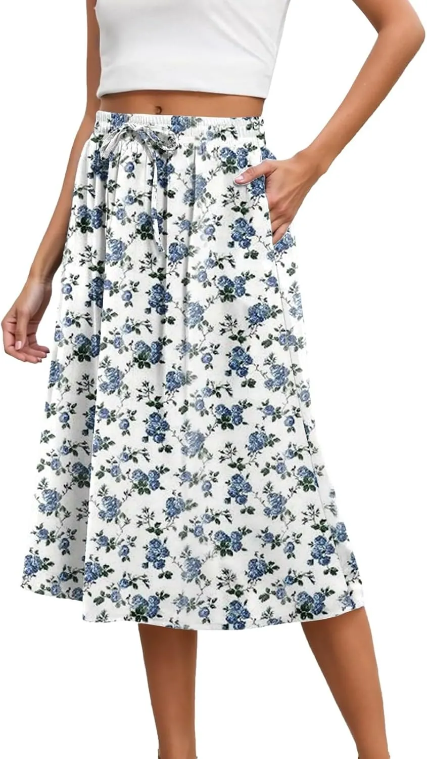 Summer Skirts with Pockets High Elastic Waist Bohemian A-Line Trendy Pleated Boha Floral Print Midi Skirts Streetwear