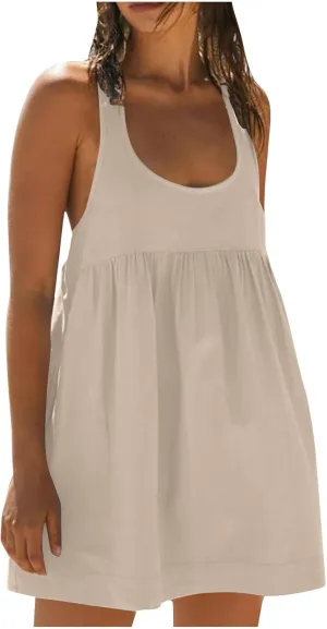 Sun Dresses for Women Racerback Athletic Beach Dress Square Neck Sleeveless Babydoll Dress Summer Flowy Mini Dresses