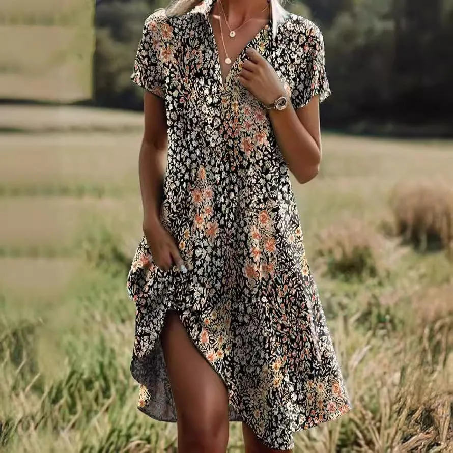 Sundresses for Women 2025 Summer Boho Floral Short Sleeve V Neck Midi Dresses Casual A-Line Flowy Knee Lenth Dress