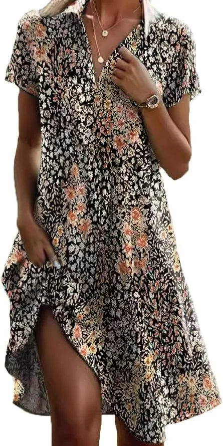 Sundresses for Women 2025 Summer Boho Floral Short Sleeve V Neck Midi Dresses Casual A-Line Flowy Knee Lenth Dress
