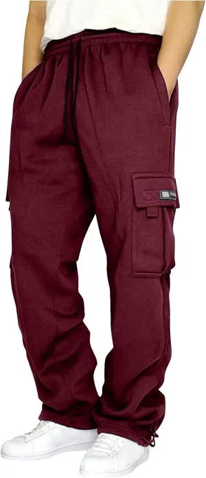 Sweatpants for Men Fashion Personalized Casual Solid Color Tie Multi-Pocket Drawstring Cargo Pants Trousers