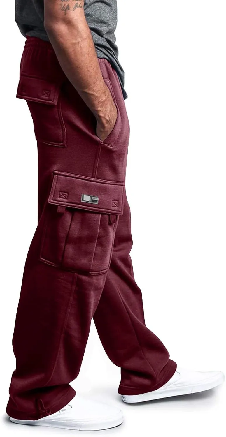 Sweatpants for Men Fashion Personalized Casual Solid Color Tie Multi-Pocket Drawstring Cargo Pants Trousers