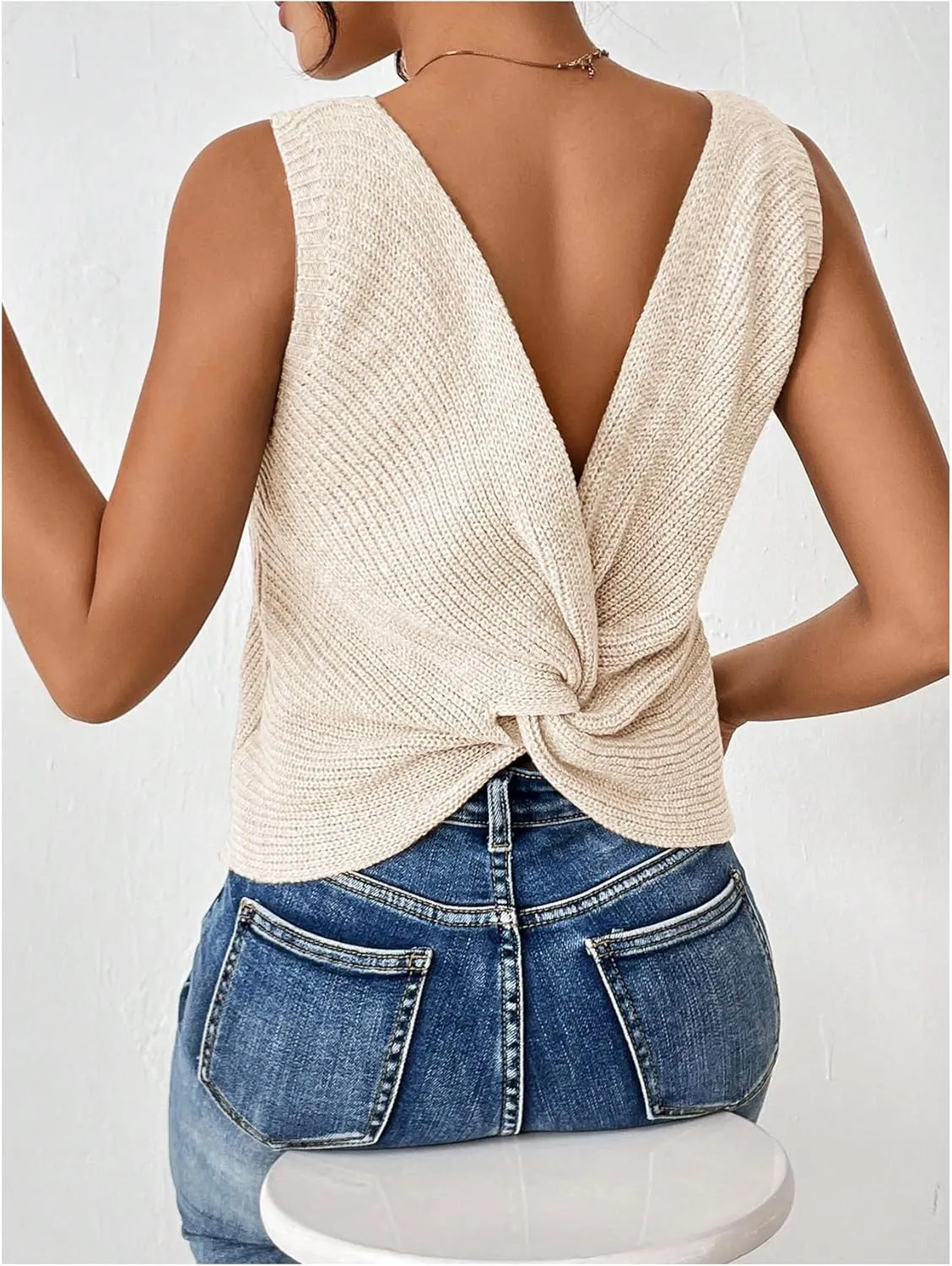 SweatyRocks Women's Twist Backless Tank Tops Round Neck Sleeveless Sweater Vests