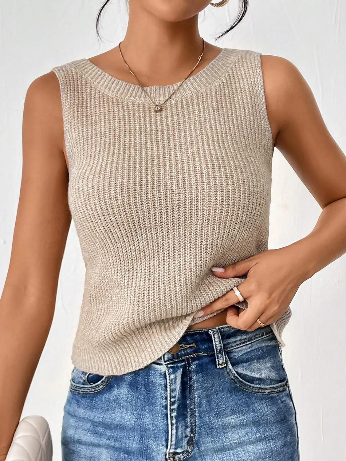 SweatyRocks Women's Twist Backless Tank Tops Round Neck Sleeveless Sweater Vests