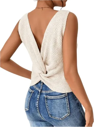 SweatyRocks Women's Twist Backless Tank Tops Round Neck Sleeveless Sweater Vests