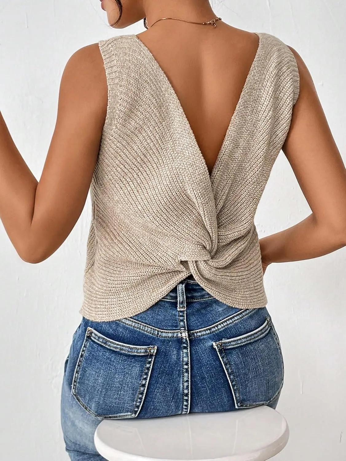 SweatyRocks Women's Twist Backless Tank Tops Round Neck Sleeveless Sweater Vests