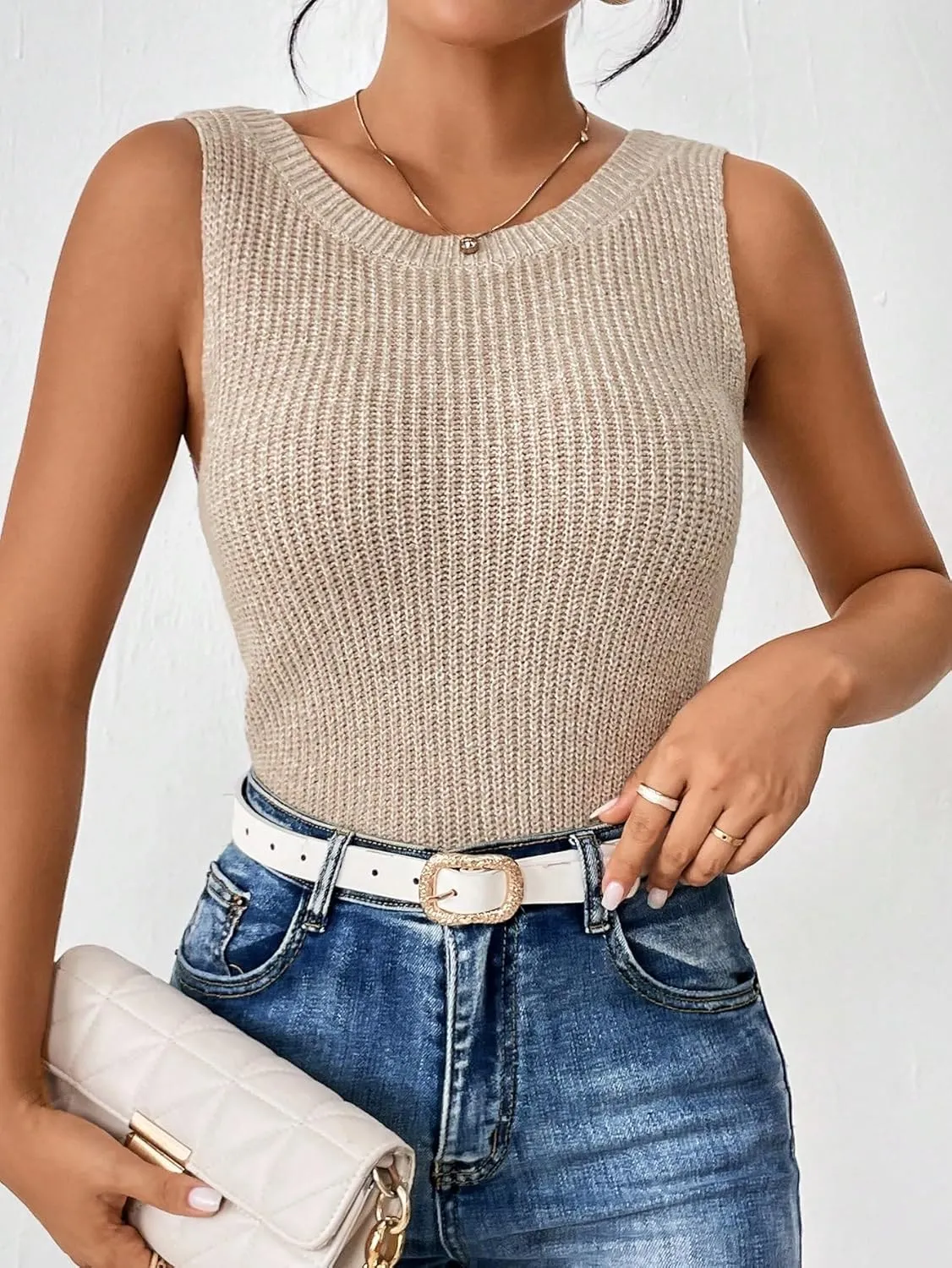 SweatyRocks Women's Twist Backless Tank Tops Round Neck Sleeveless Sweater Vests