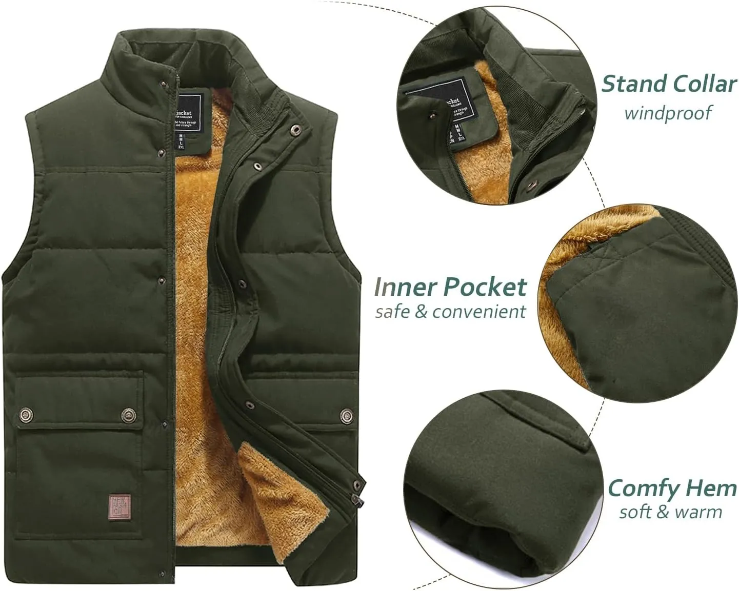 TACVASEN Men's Outdoor Vests Full Zip Up Warm Fleece Lining Sleeveless Outwear