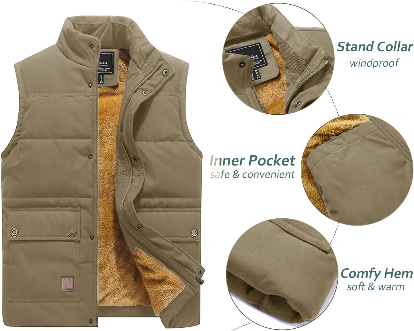 TACVASEN Men's Outdoor Vests Full Zip Up Warm Fleece Lining Sleeveless Outwear