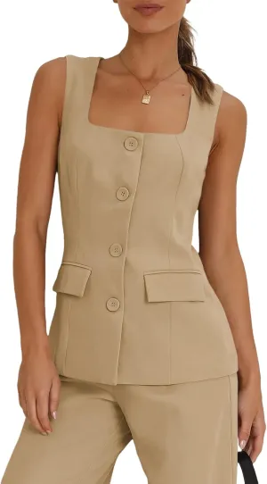 Tankaneo Women's Single Breasted Vests Square Neck Sleeveless Slim Fitted Work Office Waistcoats