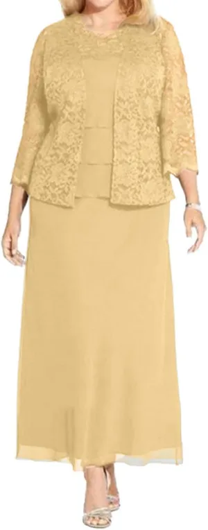 Tea Length Mother of The Bride Dresses Chiffon Evening Formal Dress Lace Jacket Plus Size Tiered