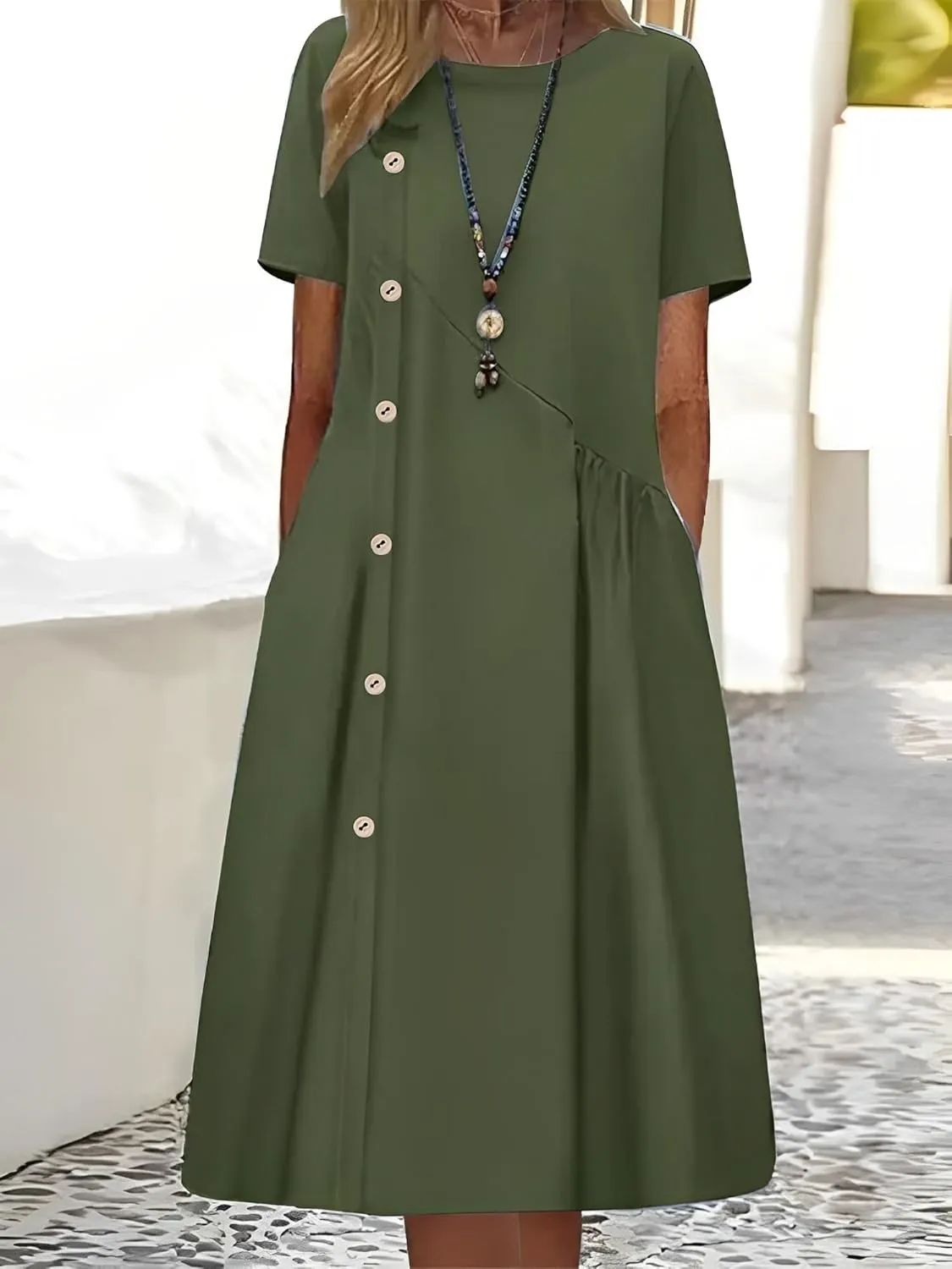 TIAFORD Women's Casual Loose Half Sleeve Cotton Linen Midi Dress Summer Side Button Beach Sundresses for Women 2024