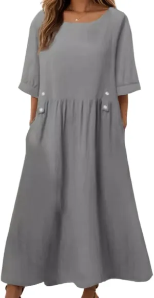 TIAFORD Women's Casual Loose Half Sleeve Cotton Linen Midi Dress Summer Side Button Beach Sundresses for Women 2024