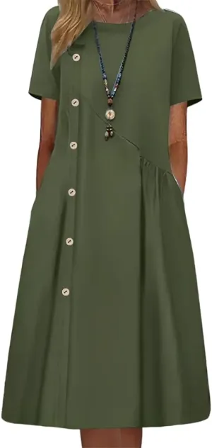 TIAFORD Women's Casual Loose Half Sleeve Cotton Linen Midi Dress Summer Side Button Beach Sundresses for Women 2024