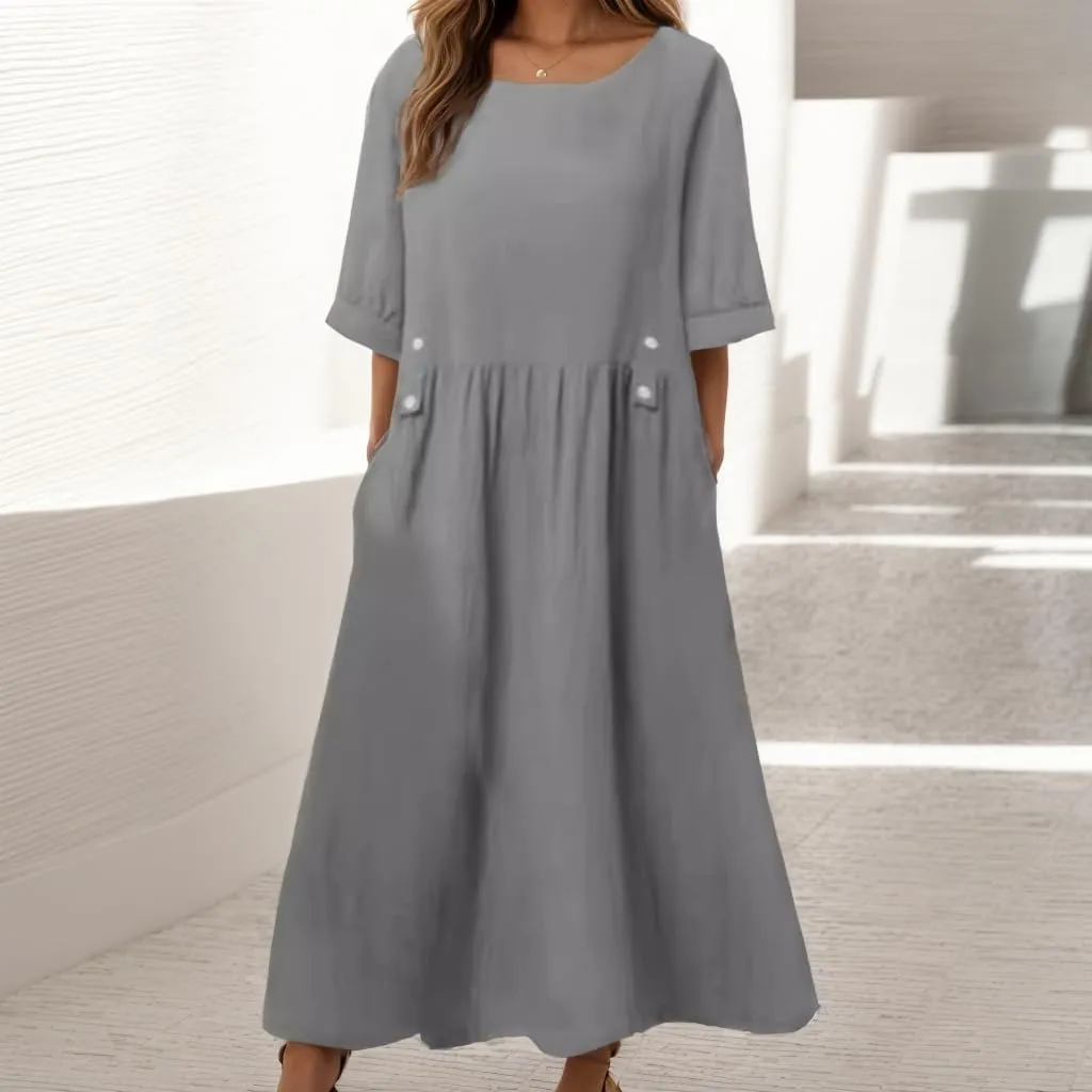 TIAFORD Women's Casual Loose Half Sleeve Cotton Linen Midi Dress Summer Side Button Beach Sundresses for Women 2024