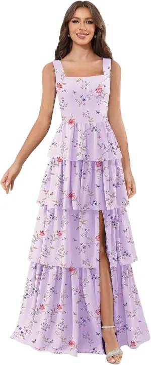 Tiered Bridesmaid Dresses with Slit Spaghetti Straps Ruched Chiffon Long Formal Dress Evening Gown
