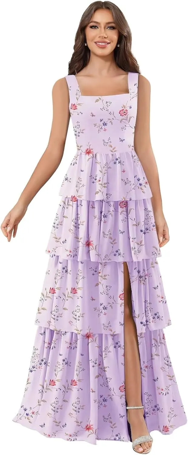 Tiered Bridesmaid Dresses with Slit Spaghetti Straps Ruched Chiffon Long Formal Dress Evening Gown