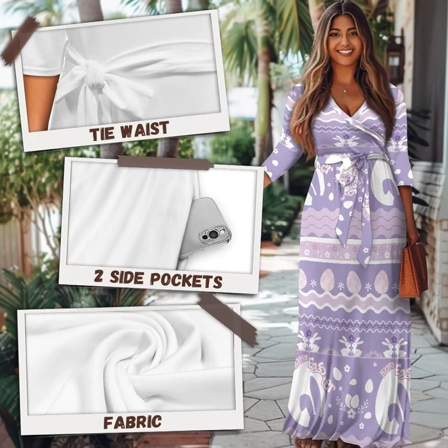 TOADDITDO Women Midi Dresses Casual 3/4 Sleeve Wrap Dress Plus Size Curvy Cocktail Dresses with Pockets