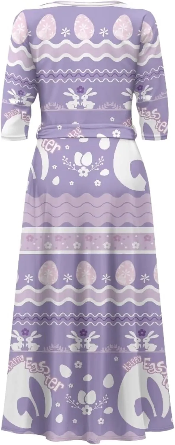 TOADDITDO Women Midi Dresses Casual 3/4 Sleeve Wrap Dress Plus Size Curvy Cocktail Dresses with Pockets