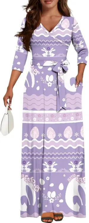 TOADDITDO Women Midi Dresses Casual 3/4 Sleeve Wrap Dress Plus Size Curvy Cocktail Dresses with Pockets