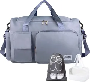 Travel Duffel Bag, Large Weekender Overnight Bag with Shoes Compartment, Personal Tote Bag for Women or Men, Waterproof Carry-on Bag with Clear Cosmetic Bag, Shoe Bag, 3Pcs Set (Blue)