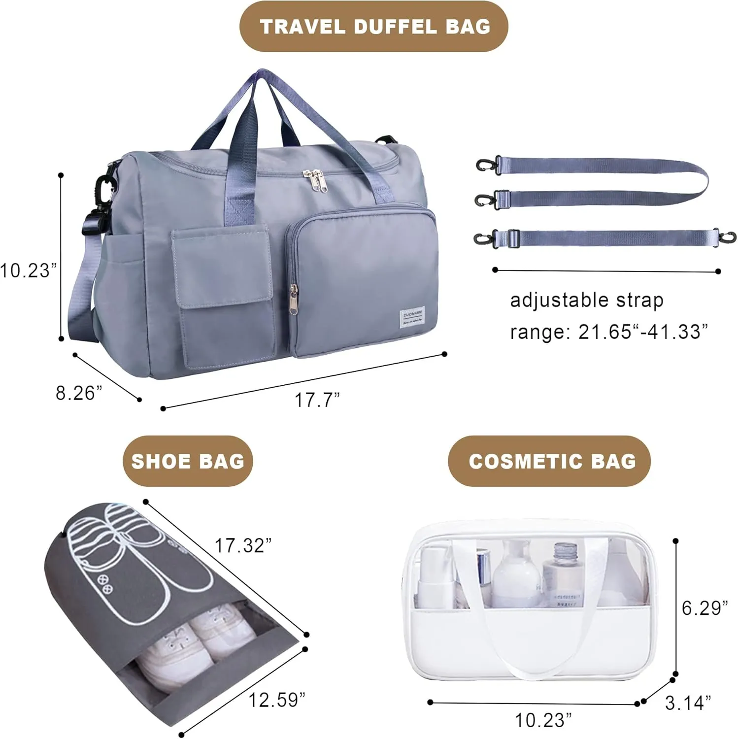Travel Duffel Bag, Large Weekender Overnight Bag with Shoes Compartment, Personal Tote Bag for Women or Men, Waterproof Carry-on Bag with Clear Cosmetic Bag, Shoe Bag, 3Pcs Set (Blue)