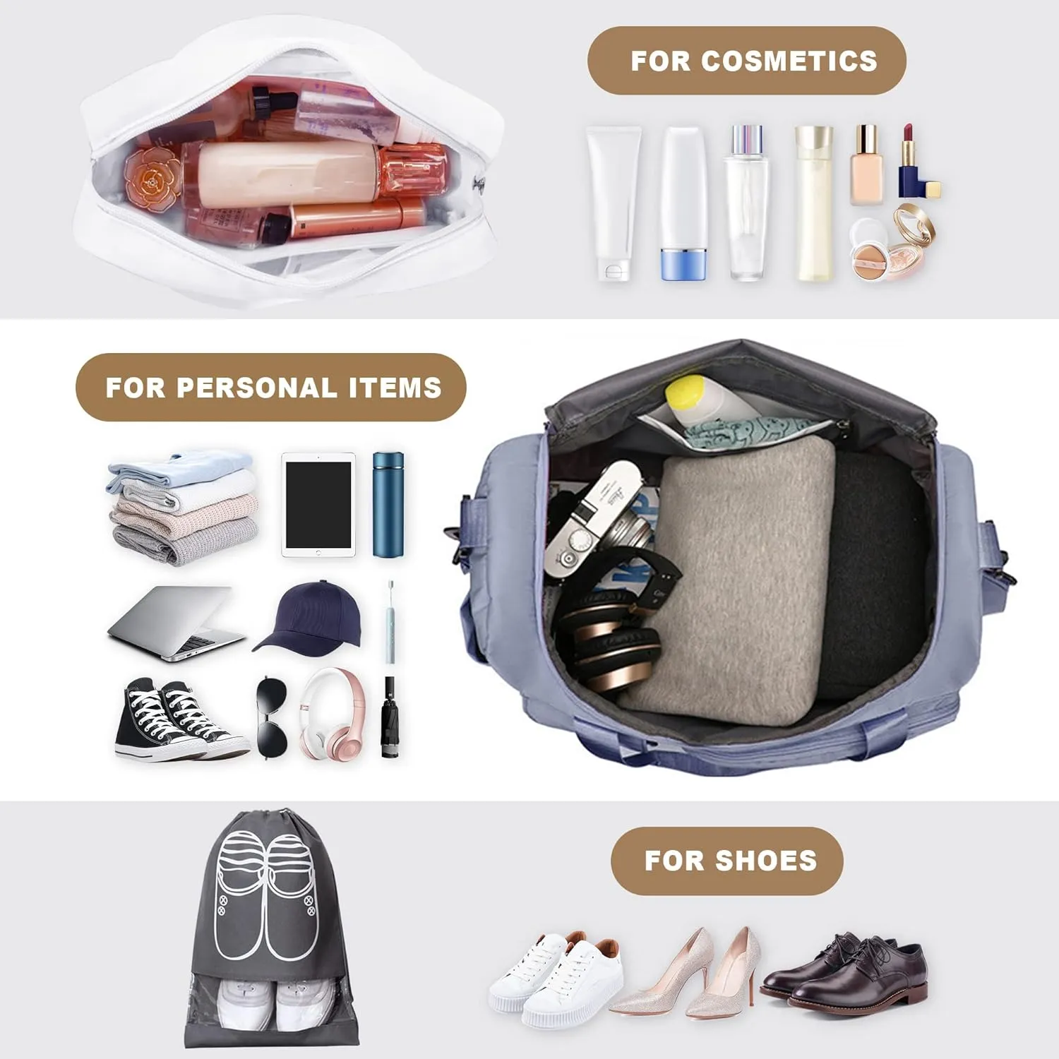 Travel Duffel Bag, Large Weekender Overnight Bag with Shoes Compartment, Personal Tote Bag for Women or Men, Waterproof Carry-on Bag with Clear Cosmetic Bag, Shoe Bag, 3Pcs Set (Blue)
