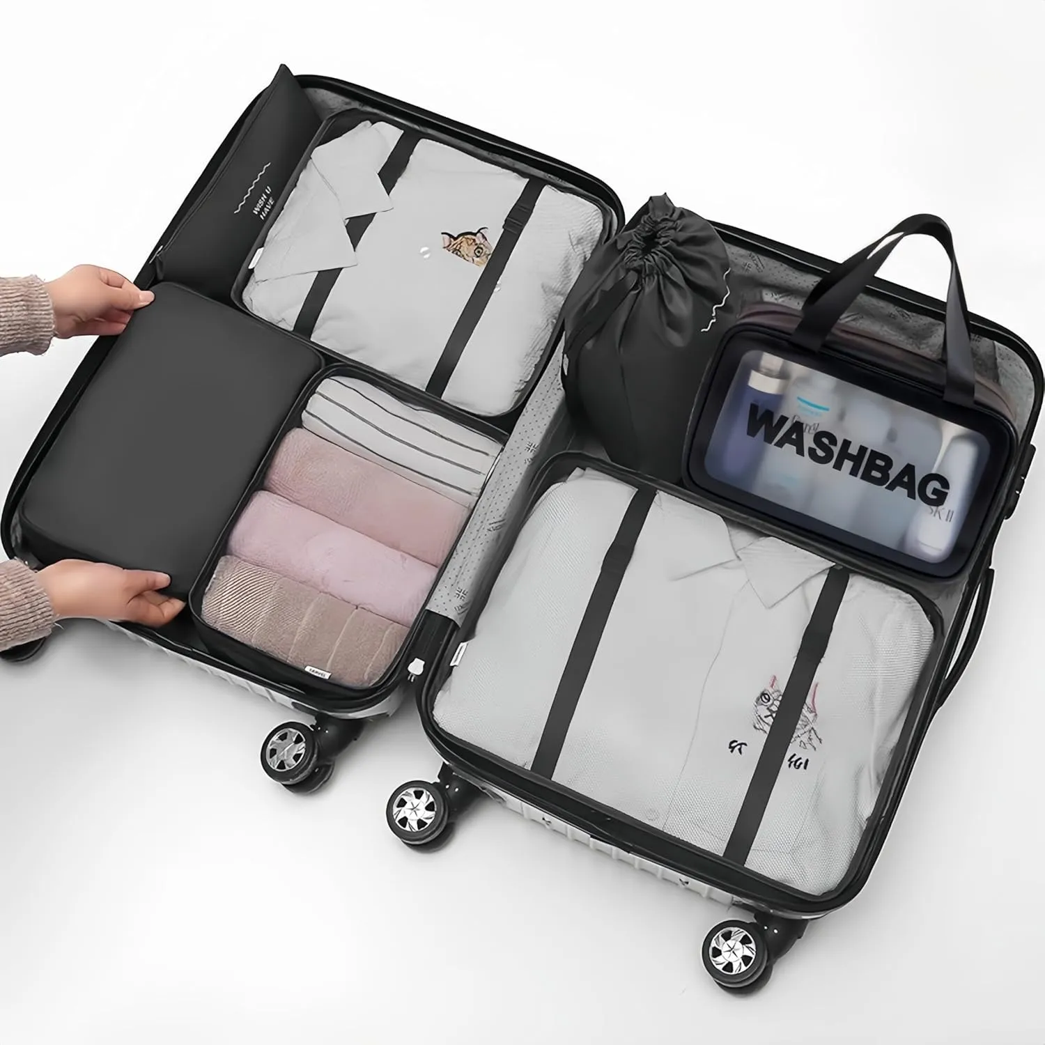 Travel packing cube 7 Piece Set, Suitcase Organizer Luggage Cubes with Wash Bag, suitcase organizer, Multi-Purpose Dispenser Bags (Black)