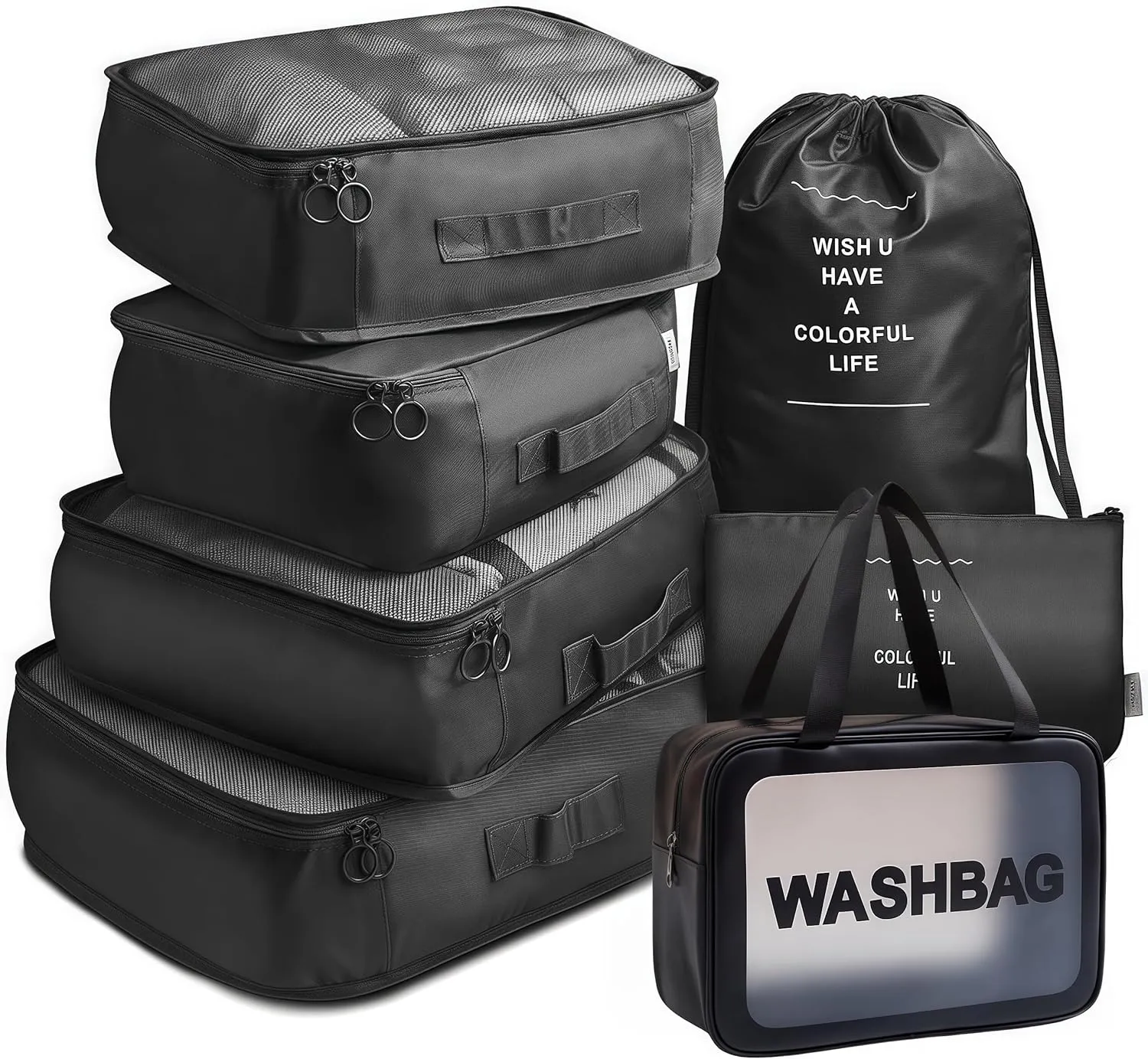Travel packing cube 7 Piece Set, Suitcase Organizer Luggage Cubes with Wash Bag, suitcase organizer, Multi-Purpose Dispenser Bags (Black)