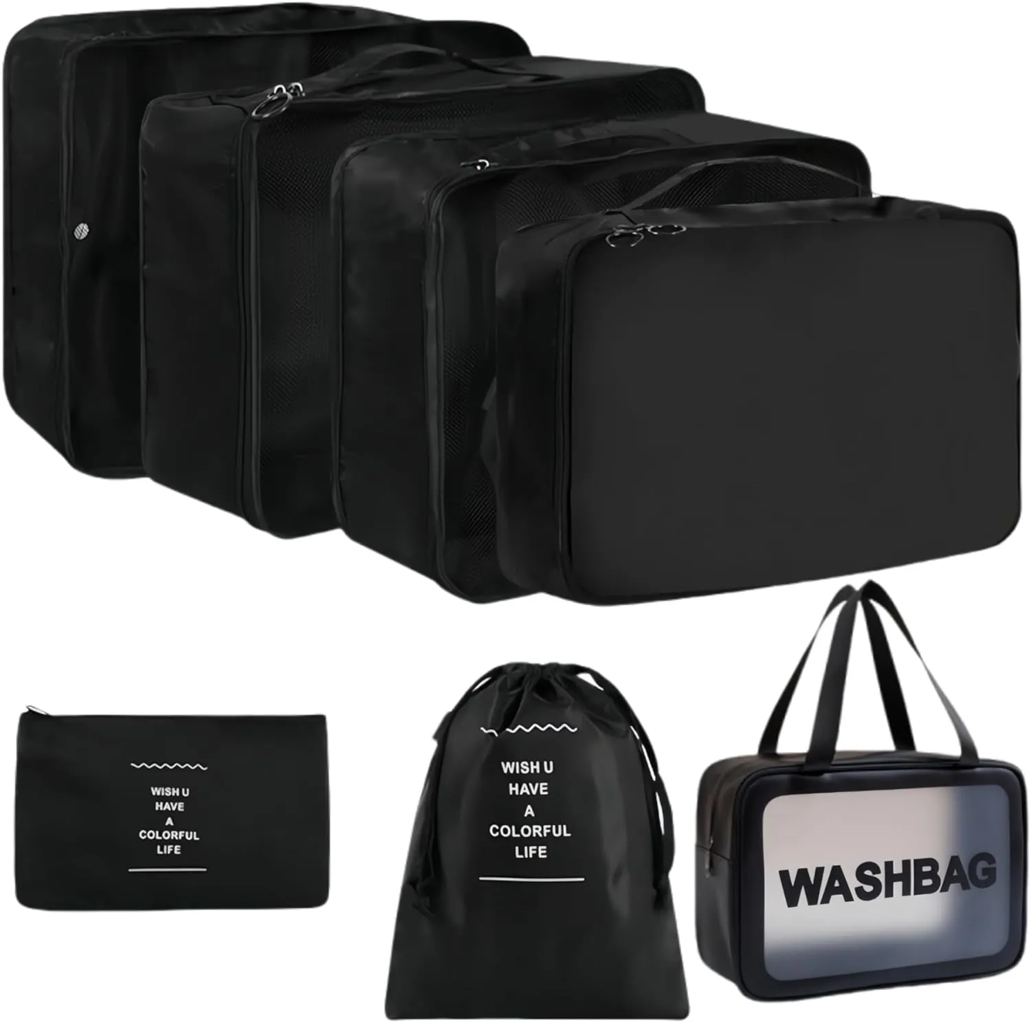 Travel packing cube 7 Piece Set, Suitcase Organizer Luggage Cubes with Wash Bag, suitcase organizer, Multi-Purpose Dispenser Bags (Black)