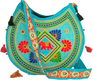 Tribe Azure Women Hippie Sling Handmade Crossbody Bag Boho Chic Patchwork Embroidered Shoulder Large Purse Gypsy Blue