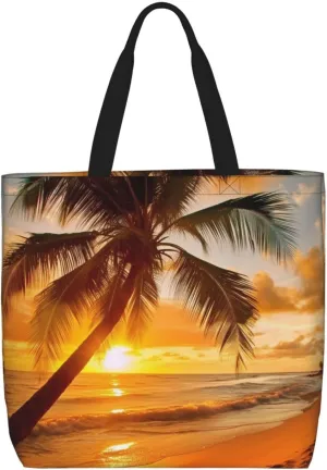 Tropical Beach Palm Tree Sunset Tote Bag for Women Hobo Handbags with Zipper Large Shoulder Bag Shopping Bags Travel Purse
