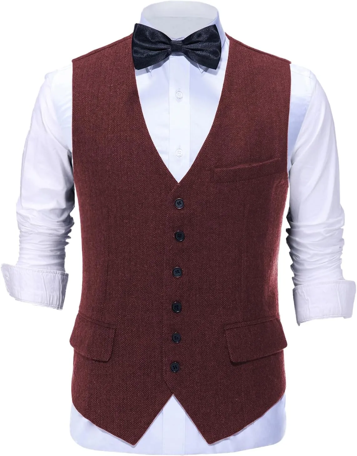Tuikayoo Mens Herringbone Suits Vests Wool Business Tweed Retro Waistcoats Groomsman Slim Fit