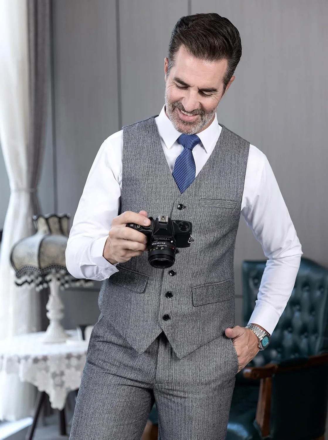 Tuikayoo Mens Herringbone Suits Vests Wool Business Tweed Retro Waistcoats Groomsman Slim Fit