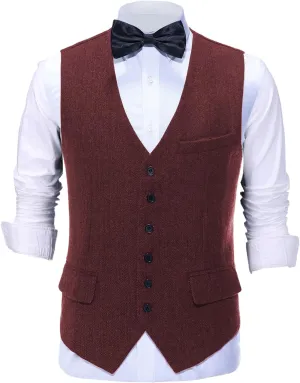 Tuikayoo Mens Herringbone Suits Vests Wool Business Tweed Retro Waistcoats Groomsman Slim Fit