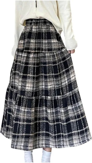 Tweed Skirts for Women Splicing Patchwork High Waisted Elastic Over Keen Length Skirt Plus Size Flowy Skirt Fashion