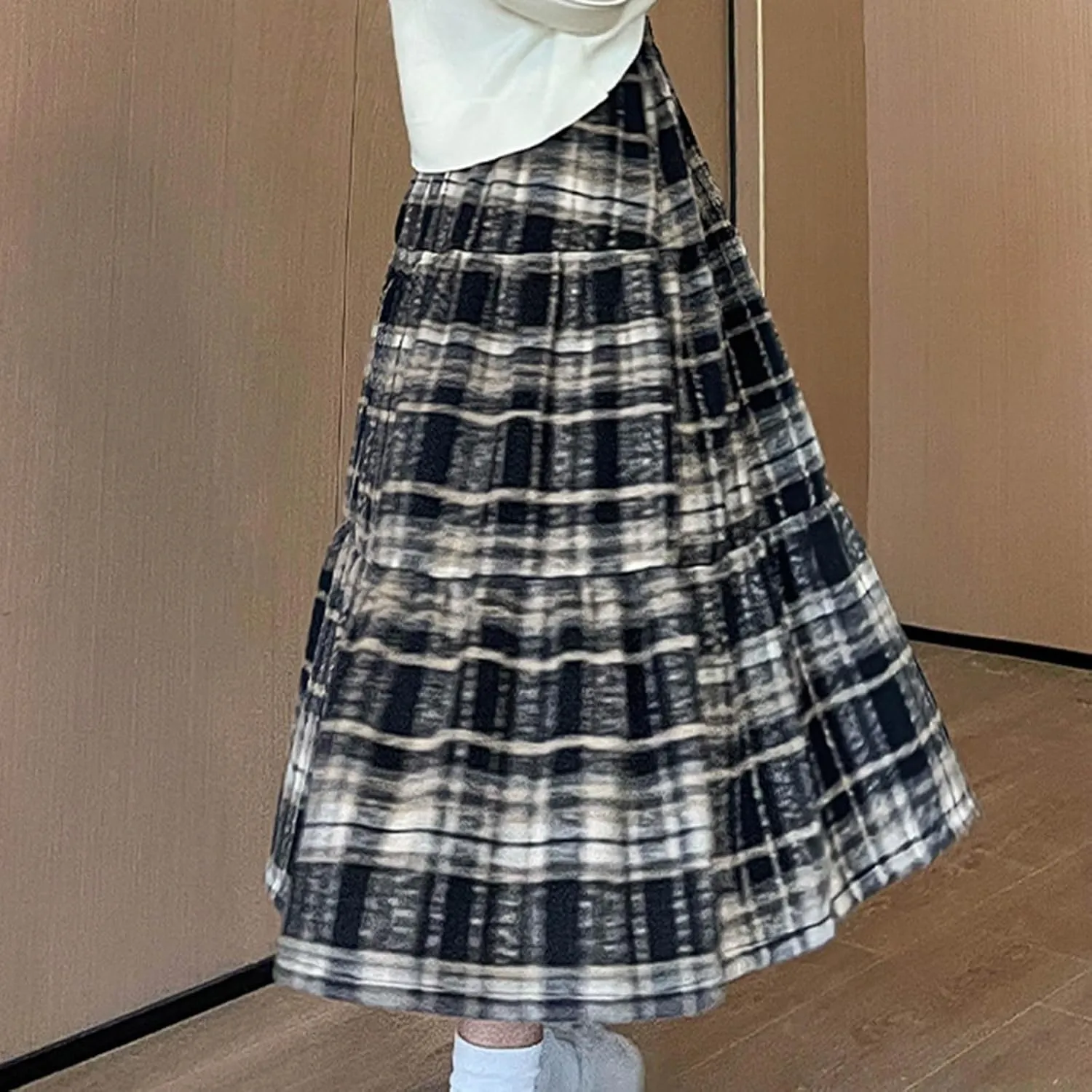 Tweed Skirts for Women Splicing Patchwork High Waisted Elastic Over Keen Length Skirt Plus Size Flowy Skirt Fashion