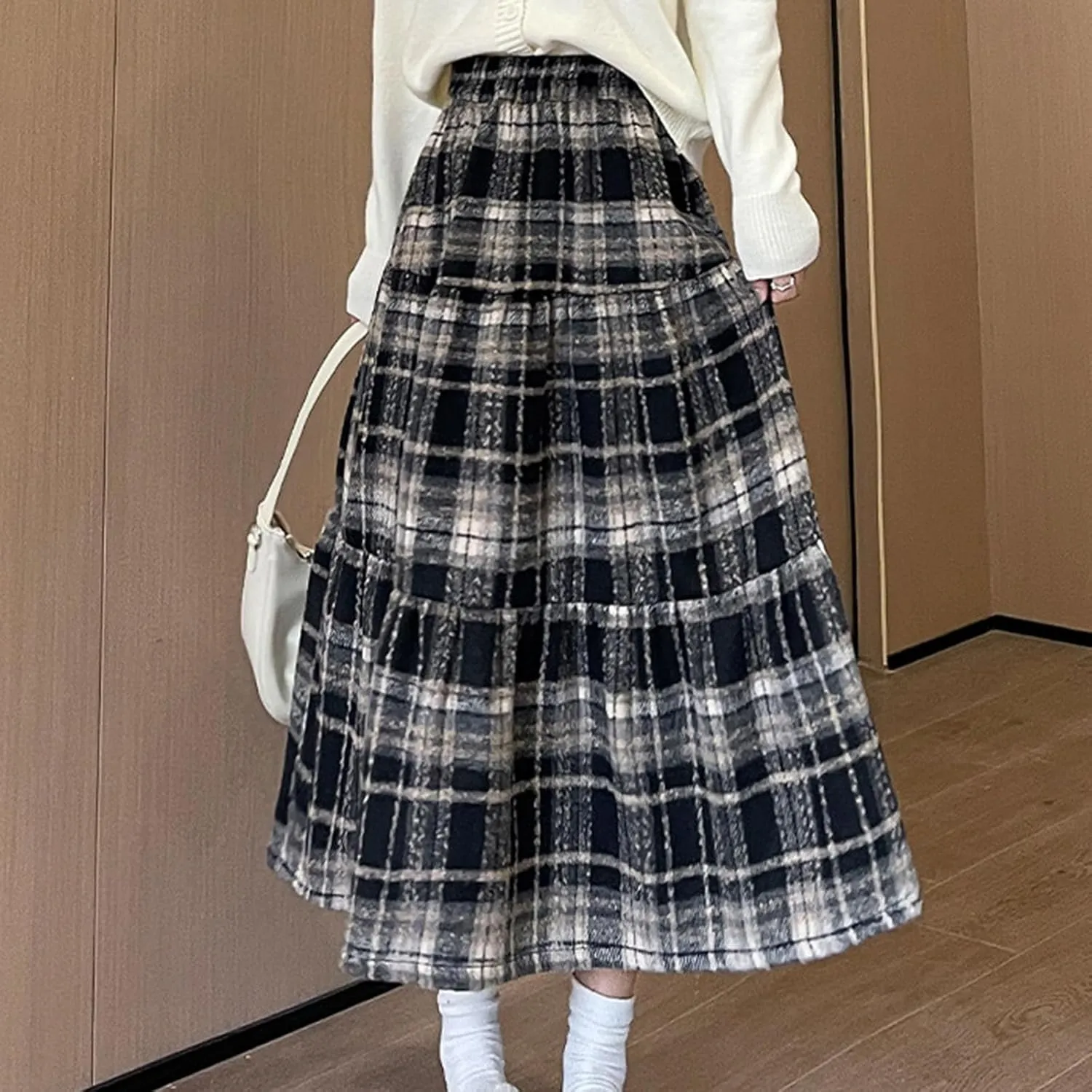 Tweed Skirts for Women Splicing Patchwork High Waisted Elastic Over Keen Length Skirt Plus Size Flowy Skirt Fashion
