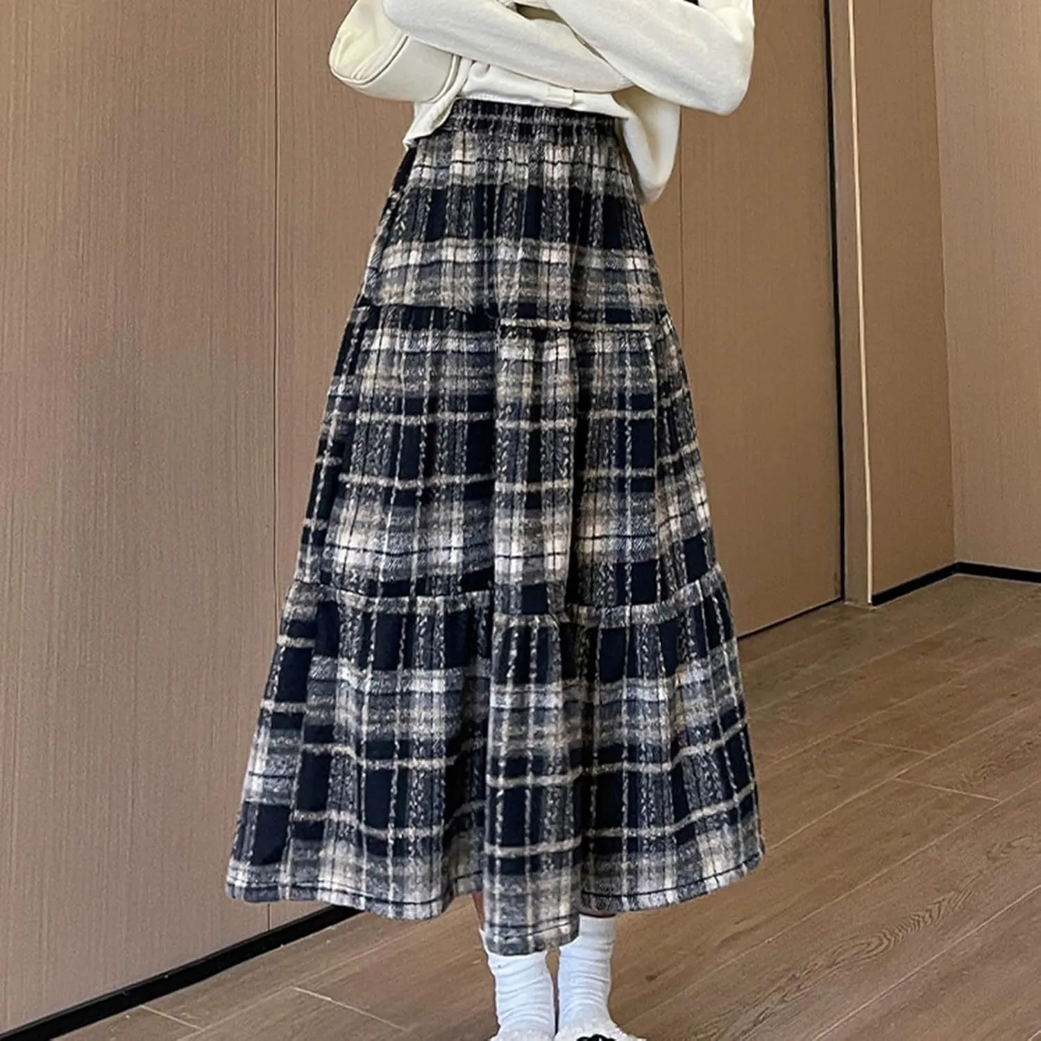 Tweed Skirts for Women Splicing Patchwork High Waisted Elastic Over Keen Length Skirt Plus Size Flowy Skirt Fashion