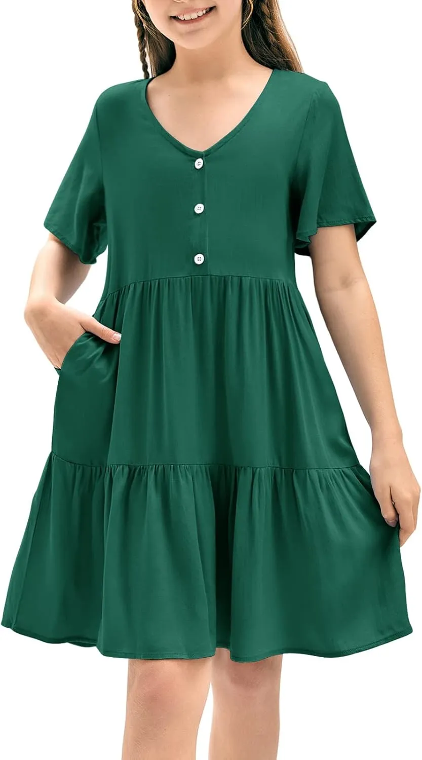 Tymidy Girls Casual Dress Summer Button V Neck Short Sleeve Ruffle Hem Flowy Swing Mini Dresses