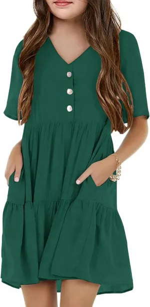 Tymidy Girls Casual Dress Summer Button V Neck Short Sleeve Ruffle Hem Flowy Swing Mini Dresses