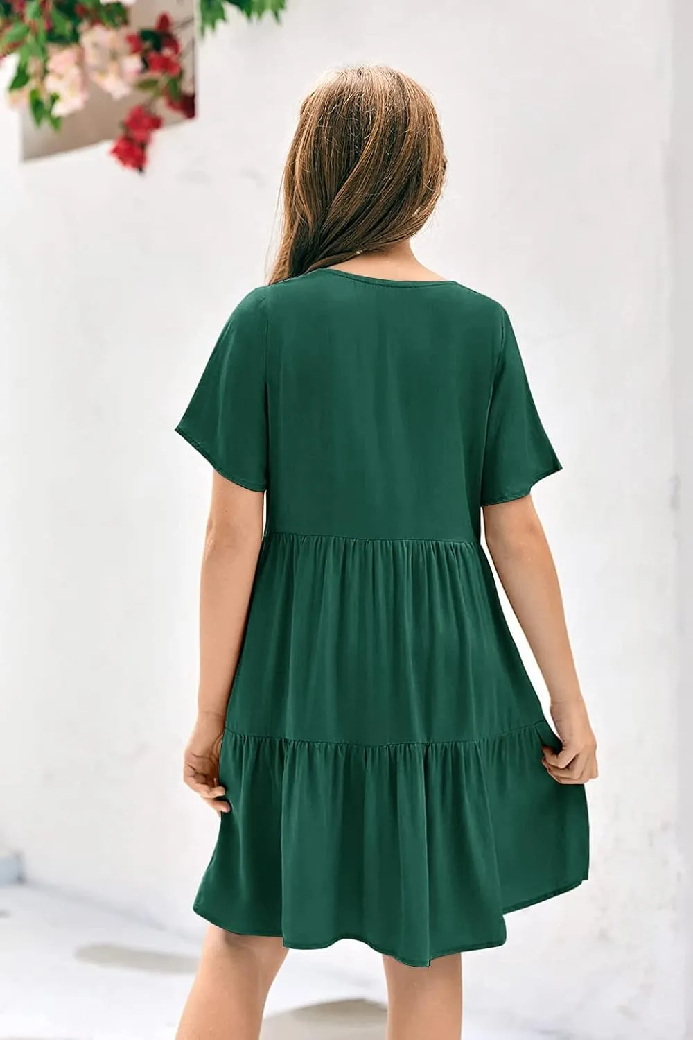 Tymidy Girls Casual Dress Summer Button V Neck Short Sleeve Ruffle Hem Flowy Swing Mini Dresses