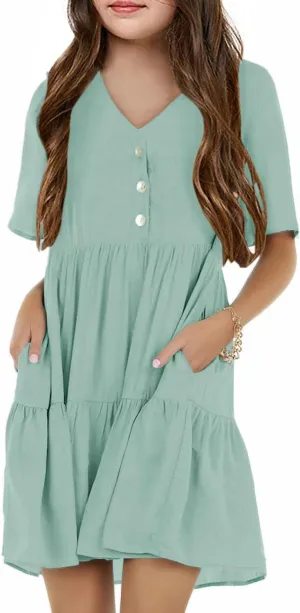 Tymidy Girls Casual Dress Summer Button V Neck Short Sleeve Ruffle Hem Flowy Swing Mini Dresses