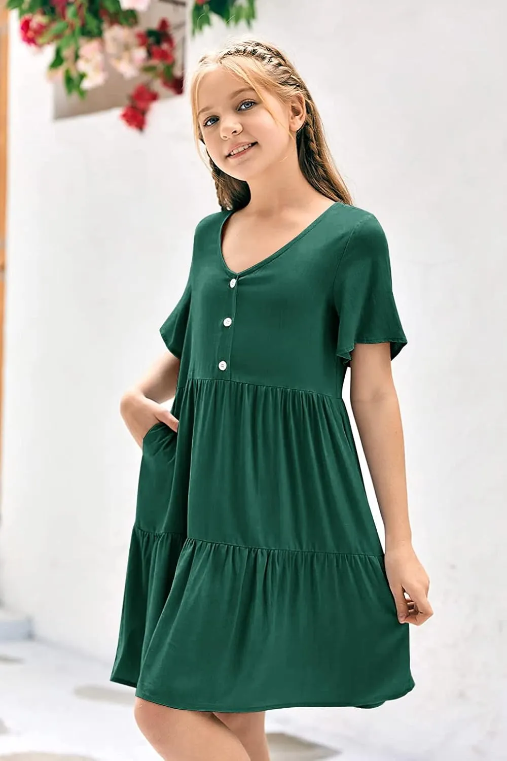 Tymidy Girls Casual Dress Summer Button V Neck Short Sleeve Ruffle Hem Flowy Swing Mini Dresses