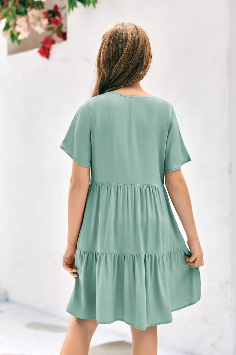 Tymidy Girls Casual Dress Summer Button V Neck Short Sleeve Ruffle Hem Flowy Swing Mini Dresses