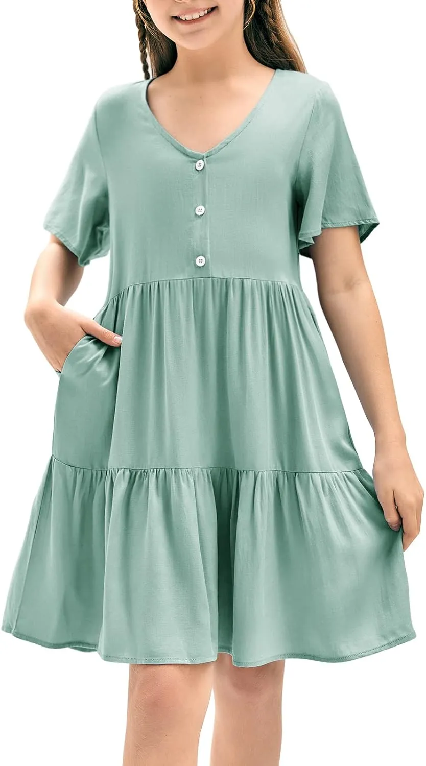 Tymidy Girls Casual Dress Summer Button V Neck Short Sleeve Ruffle Hem Flowy Swing Mini Dresses