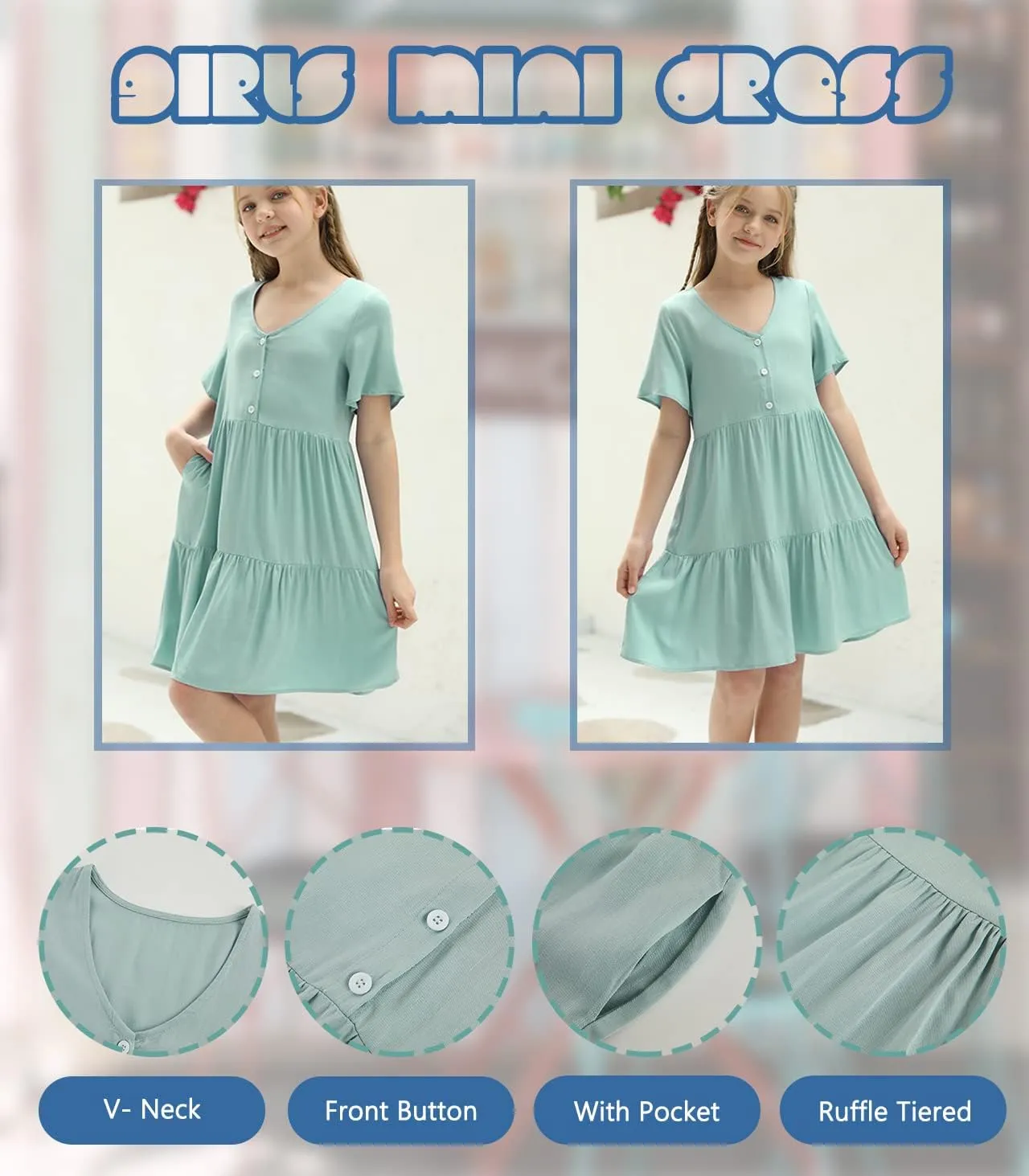 Tymidy Girls Casual Dress Summer Button V Neck Short Sleeve Ruffle Hem Flowy Swing Mini Dresses