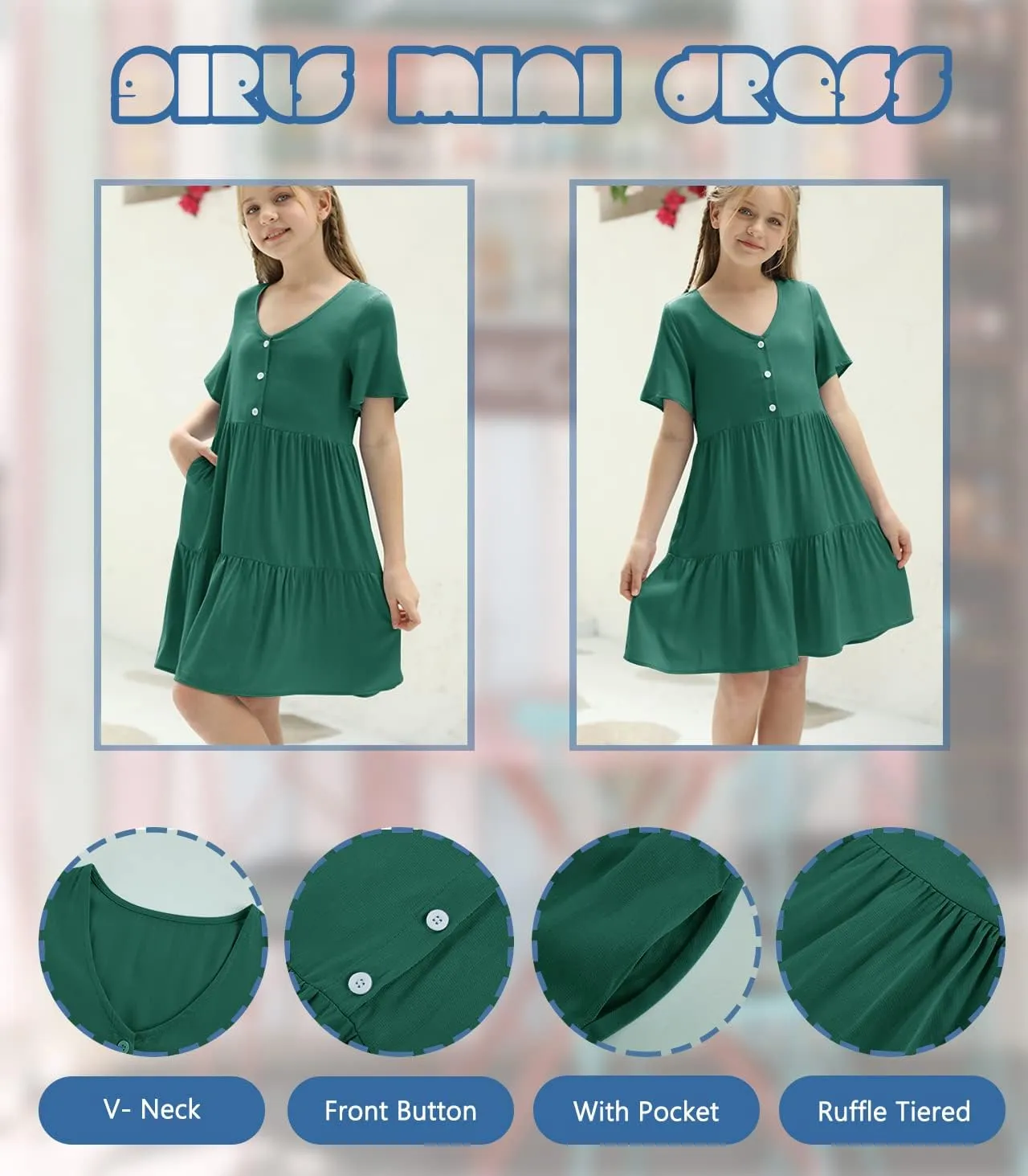 Tymidy Girls Casual Dress Summer Button V Neck Short Sleeve Ruffle Hem Flowy Swing Mini Dresses