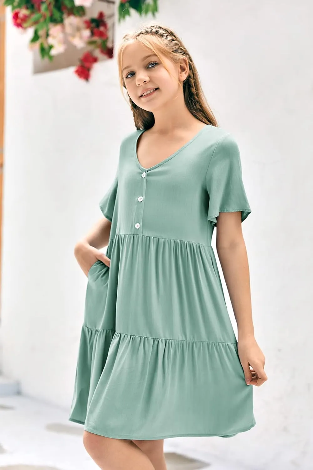 Tymidy Girls Casual Dress Summer Button V Neck Short Sleeve Ruffle Hem Flowy Swing Mini Dresses