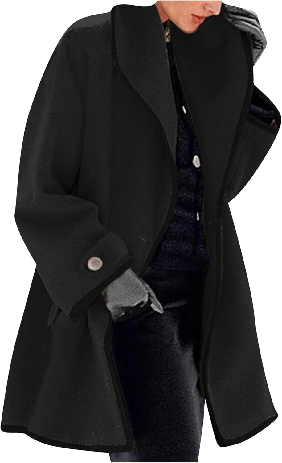 TYQQU Womens Wool Blend Hooded Trench Coat Winter Button Up Jackets Oversized Shawl Collar Outerwear with Pockets